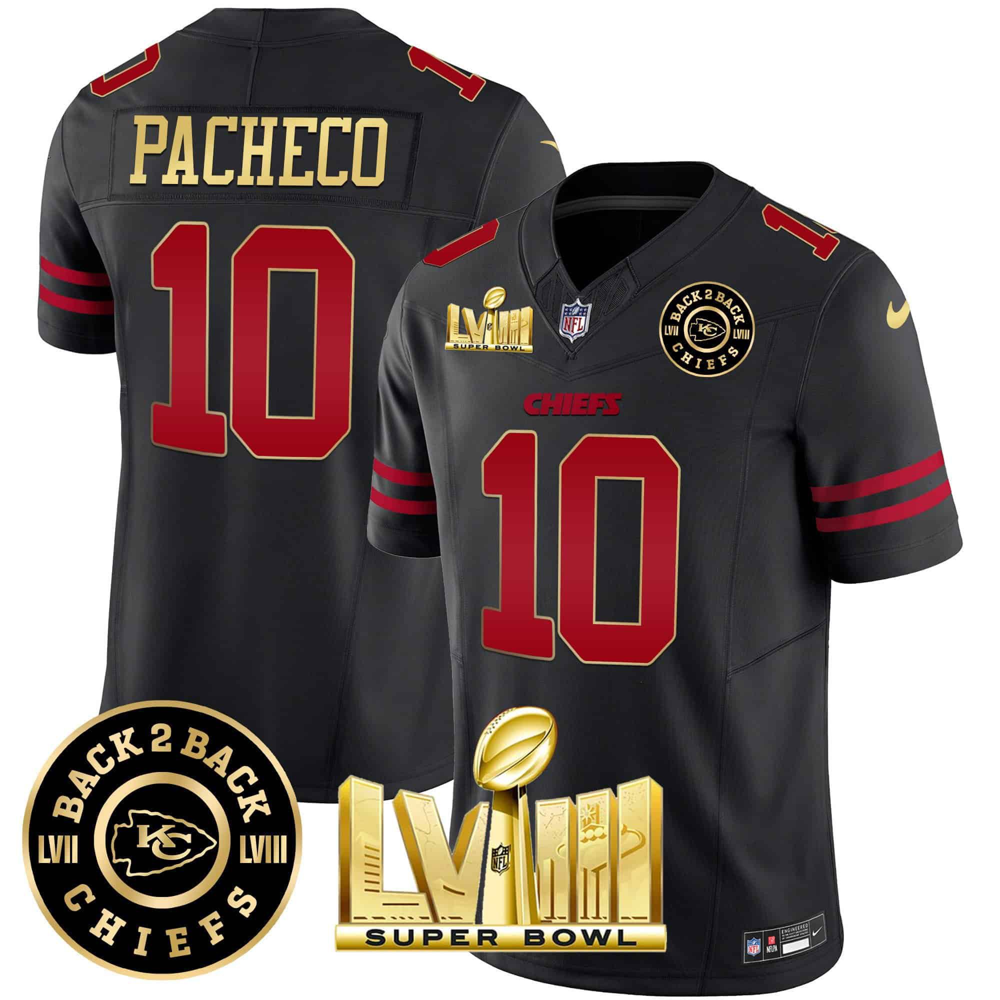 Men Kansas City Chiefs #10 Pacheco Black 2024 Nike Super Bowl LVIII & Back-2-Back Patch Vapor NFL Jersey style 1